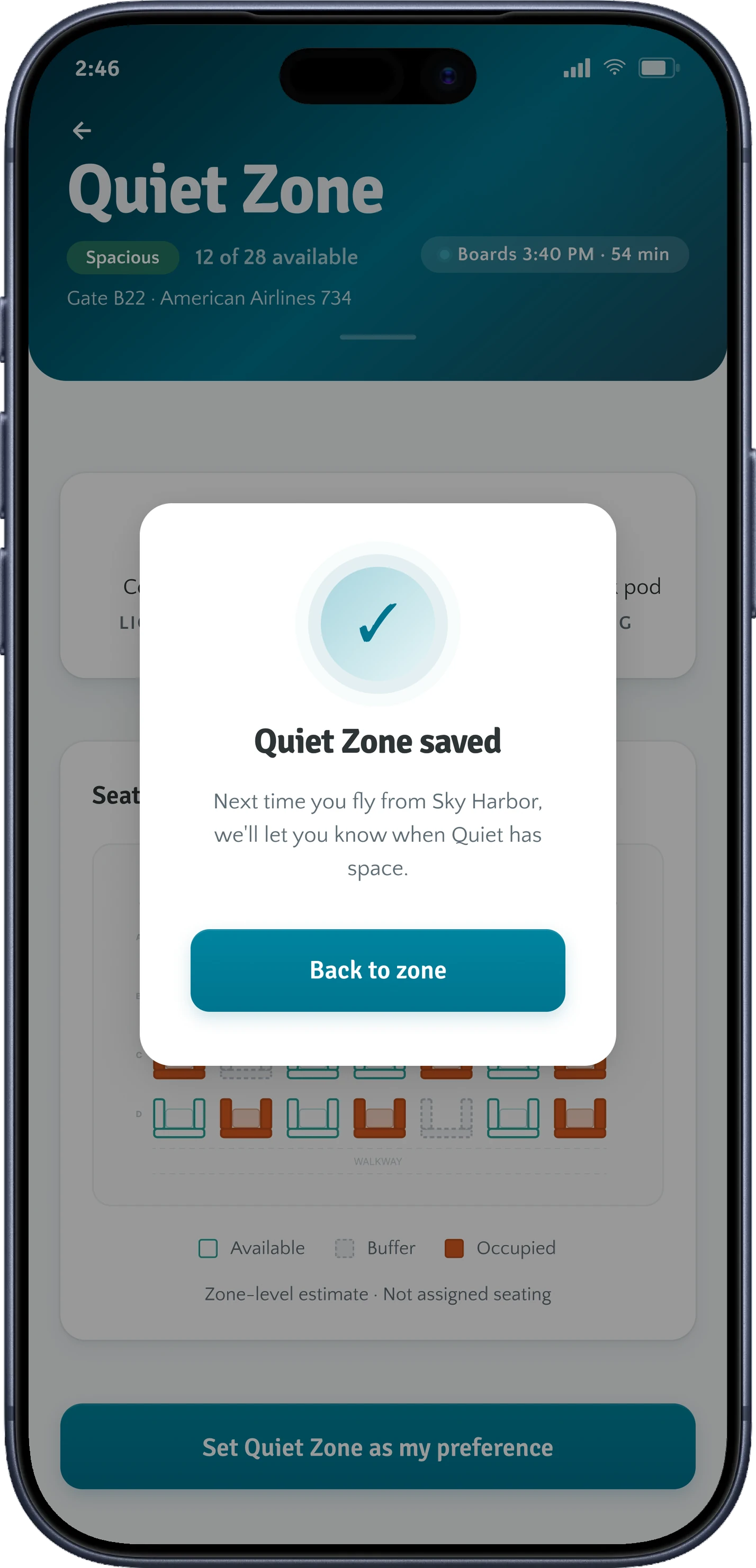 Confirmation dialog: Quiet Zone saved as the traveler's preference